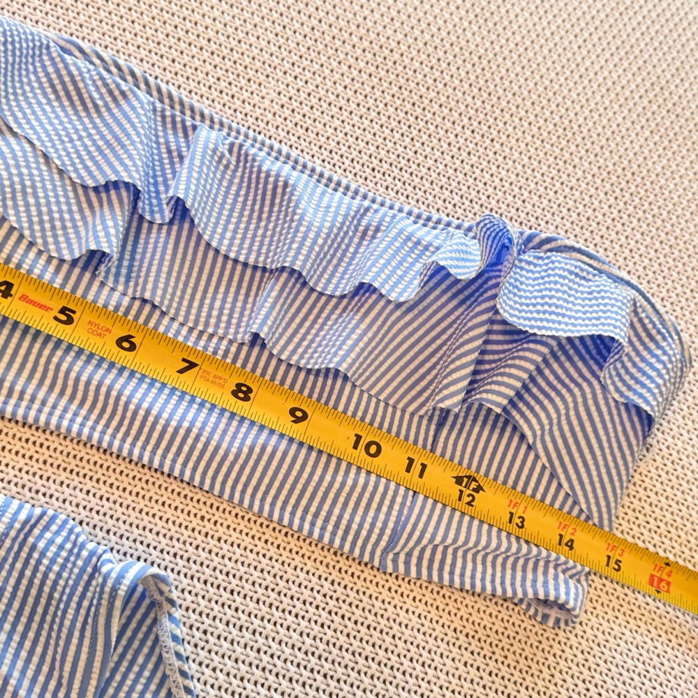 Seersucker Ruffle Bandeau Blue & White Striped Bikini Swimsuit - Picture 11 of 13